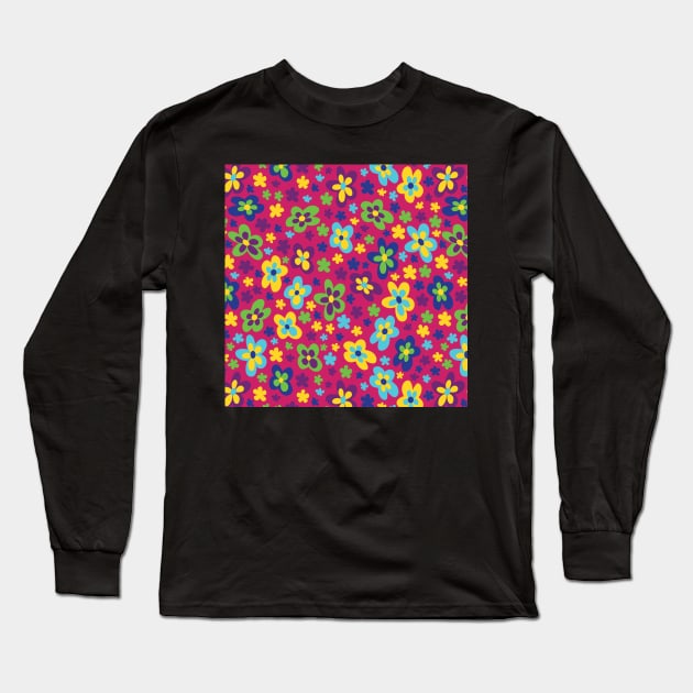 RETRO GROOVY FLORALS YELLOW, PINK, MAGENTA, BLUE GREEN Y2K 2000S Long Sleeve T-Shirt by blomastudios